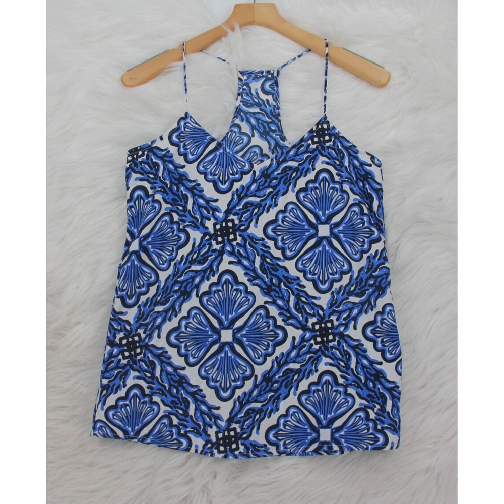 Southern Frock Women Blue White Spaghetti Strap V Neck Sleeveless Blouse S #261